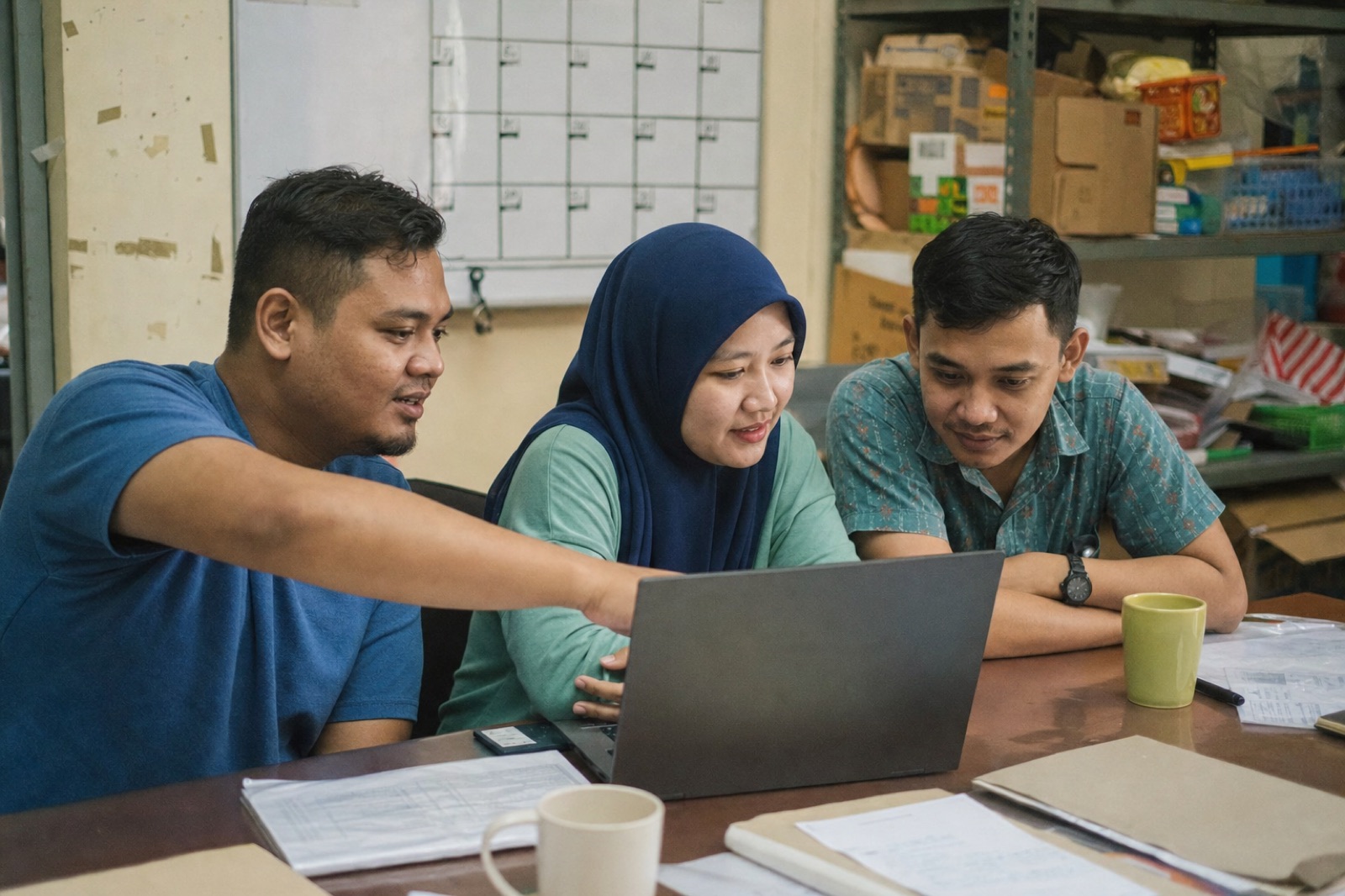 A small team gathered around a laptop in a shop back office